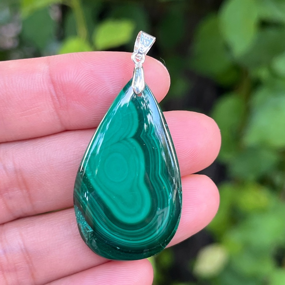 Sterling silver banded malachite‎ pendant 1681